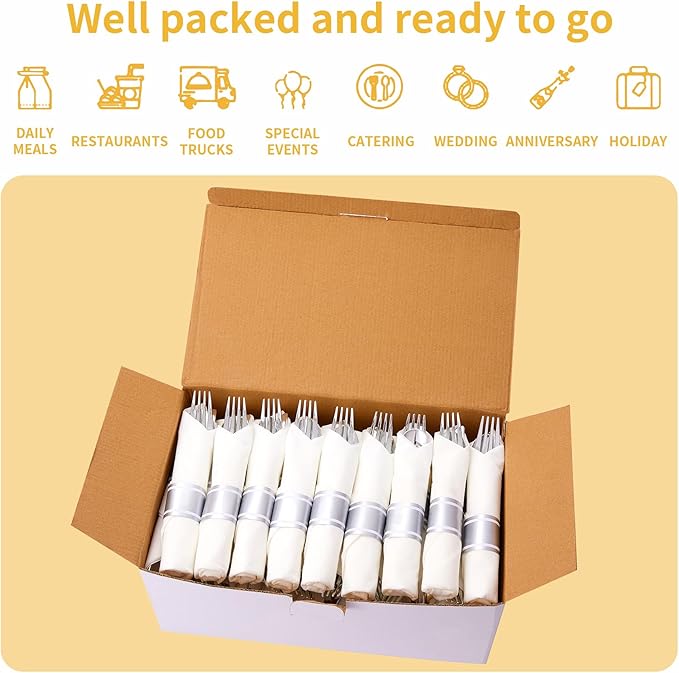 N9R 75 Pack Pre Rolled Silver Plastic Cutlery Set, 75 Pieces (75 Forks, 75 Knives, 75 Spoons, 75 Napkins), Disposable Silverware Set for Party, Wedding, Modern Style