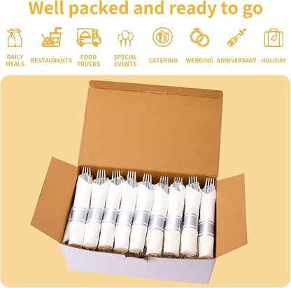 N9R 75 Pack Pre Rolled Silver Plastic Cutlery Set, 75 Pieces (75 Forks, 75 Knives, 75 Spoons, 75 Napkins), Disposable Silverware Set for Party, Wedding, Modern Style