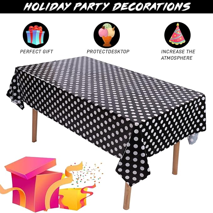 Kesfey 3 Packs Black Polka Dot Plastic Table Cloth 54x108 Inch Black and White Dots Mini Mouse Tablecloths Disposable Black Waterproof Picnic Table Covers for Rectangle Tables Birthday Party Supplies
