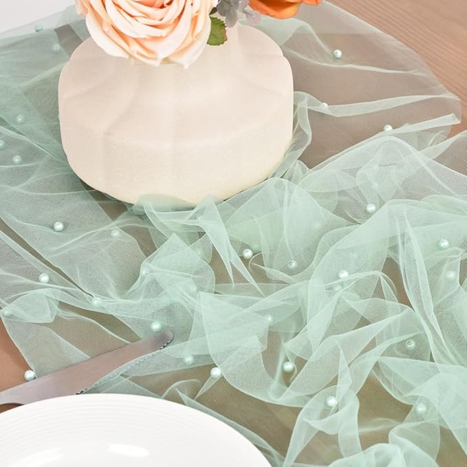 Sage Green Pearl Fall Thanksgiving Table Runner Boho Rustic Tulle Lace Table Runner for Baby Shower Wedding Arch Decor Veil Dessert Table Decor 3pcs