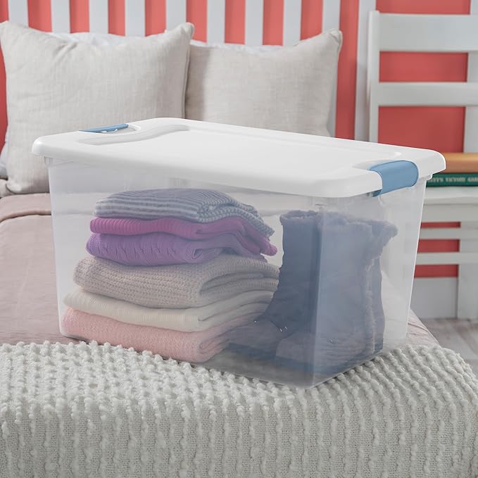 Sterilite 12-Pack 64 Quart Latching Box, Clear Plastic Storage Organizer Bins with White Lids - Large Stackable Containers for Home Bedroom, Dorm Room, and Closet Organization
