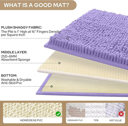 HOMEIDEAS 3 Pieces Bathroom Rugs, Ultra Soft Non Slip Absorbent Chenille Toilet Bath Mat Set (Lavender)