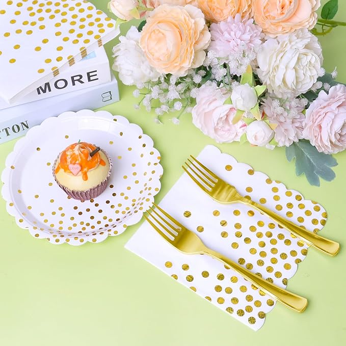 Gold Plates and Napkins Party Supplies 35 7inch Disposable Dessert Plates for Party, Gold Birthday New Years Party Decorations