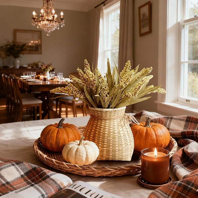 KBREE 16" Artificial Fall Grain Bundles for Thanksgiving Decoration, 4 Packs Rustic Harvest Sheaves with Aged Leaves, Faux Grain Bouquets for Thanksgiving Table Centerpiece, Farmhouse Decor (Beige)