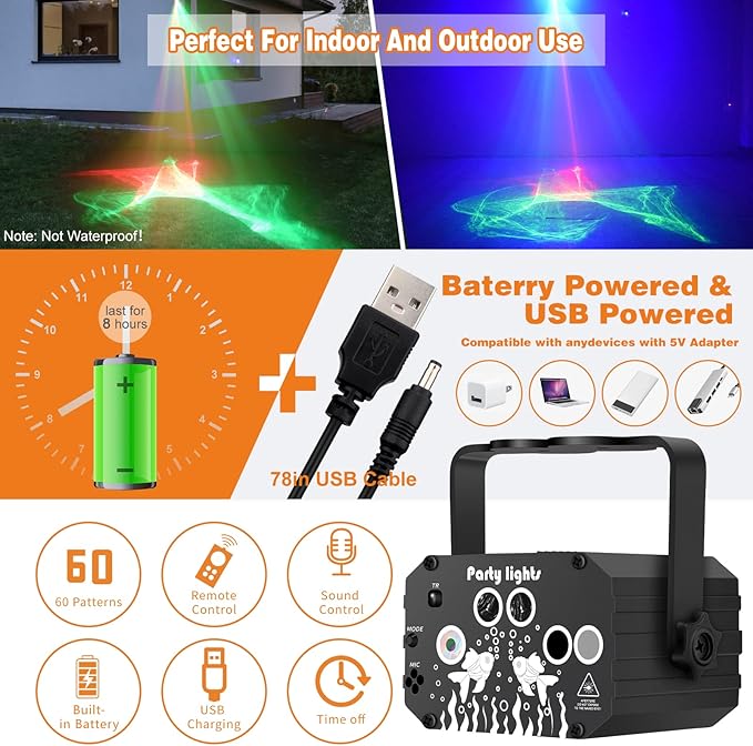 DJ Disco Party Lights Battery Powered - Northern Laser Light Effect RGB Led Sound Activated Strobe Lighting with Remote Control for Indoor Birthday Halloween Karaoke Club KTV