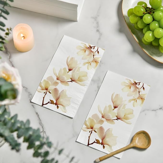 Horaldaily 50 Disposable Paper Decorative Guest Napkins, Magnolia Grandiflora Hand Towel for Party Lunch Dinner Kitchen Bathroom