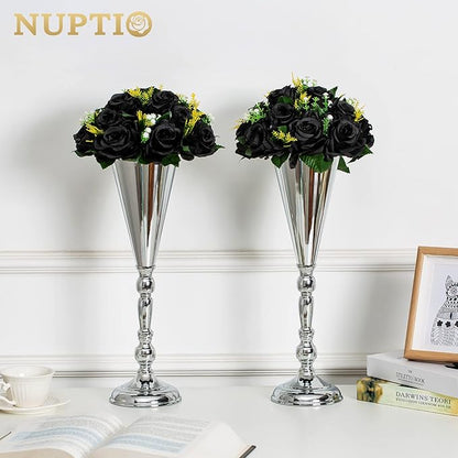 NUPTIO Black Artificial Roses Flowers: 6 Pcs Fake Flower Bouquet Halloween Decorations - 15 Heads Artificial Rose Centerpieces with Base for Gothic Wedding Party Table Decor