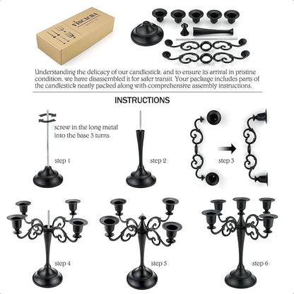 Metal Candle Holders 5 Wicks Black Candle Holders for Candlesticks Taper Candles（10.6 inch Tall Candelabra, for 1/2-1 inch Pillar Candles Diameter Each）,Candle Stand Decoration