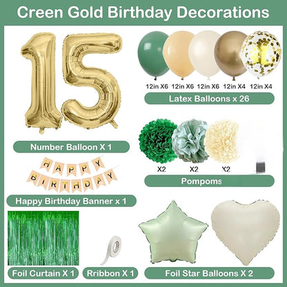Sage Green 15th Birthday Decorations for Boys Girls Gold Number 15 Balloon Nude Gold Happy Birthday Banner Fringe Curtain Paper Pom Poms Olive Green Cream White Sand Star Foil Balloons Party Decor