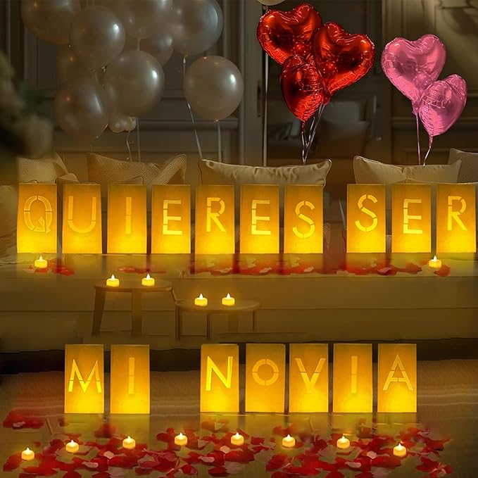 Quieres Ser Mi Novia Lighted Letters Sign 17pcs Luminary Paper Bags 2200pcs Red Pink Artificial Rose Petals 48pcs Flameless LED Candle Tealight 15pcs Heart Balloons Romantic Night Valentine's Day