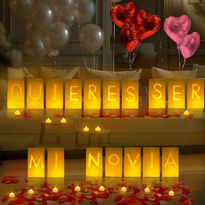 Quieres Ser Mi Novia Lighted Letters Sign 17pcs Luminary Paper Bags 2200pcs Red Pink Artificial Rose Petals 48pcs Flameless LED Candle Tealight 15pcs Heart Balloons Romantic Night Valentine's Day