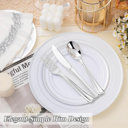 BESTSTAR 100PCS Silver Plastic Plates Set, 50 10.25 inch Dinner Plate and 50 7.5 inch Dessert Plates, Premium Disposable Plates for Party, Wedding