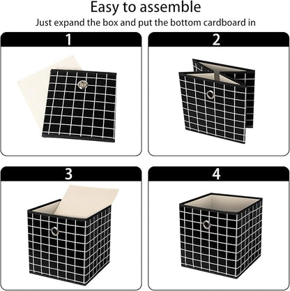 Foldable Storage Cubes Bins,11 Inch Cloth Storage Cube Fabric Storage Box Cubes Organizer Baskets with Dual Handles for Home Organizer Set of 3 (Black grid)