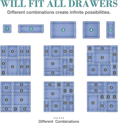 10 PCS Drawer Organizer Set, 5 Varied Size Bathroom and kitchen Drawer cabinet organizer Trays, Clear Storage Bins for Makeup, Jewelry, Utensils and Gadgets, Dark Blue