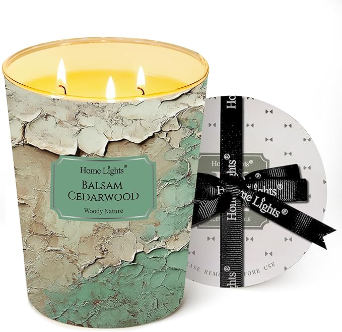 HomeLights Balsam Cedarwood Scented Candles | 34oz Soy Candles Industrial Chic 3-Wick Large Candle Jars | Ideal Candle Gifts for Events, Home Decor Stress, Relief & Relaxation
