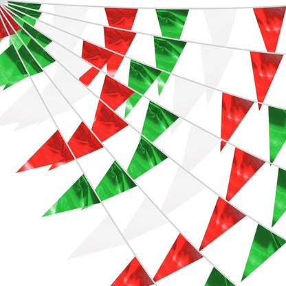 130FT White Green Red Glitter Triangle Pennant Banner Flag Metallic Bunting Fabric Garland for Christmas Italy Mexican Birthday Baby Shower Wedding Banners,New Years Winter Decor Ouruola