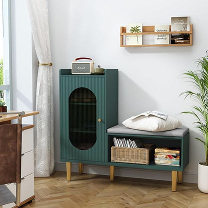 HLR Storage Bench with Glass Door&Shelf, Modern Entryway Shoe Cabinet Bench with Padded Seat, Green L-Shaped Storage Cabinet for Hallway, Bedroom, Living Room, Office