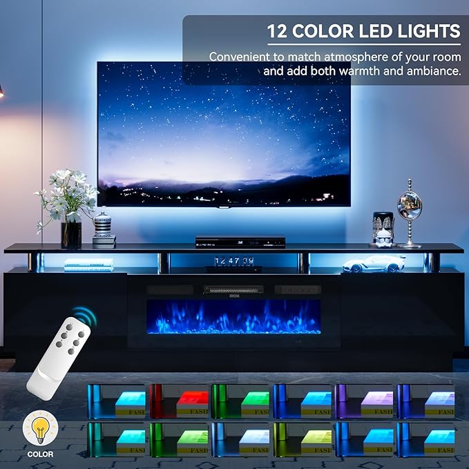 90" TV Stand for Living Room, Large Entertainment Center & Media Console, Fits TVs up to 100", Storage Cabinet with Shelves, 50" Electric Fireplace