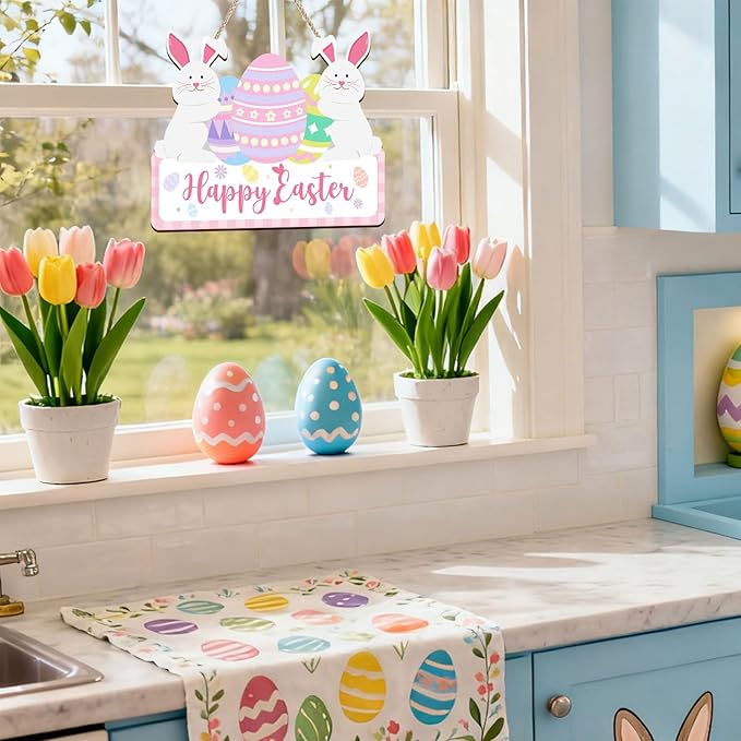 Kercan Easter Wood Decor Sign - Vintage Easter Egg Bunny Wooden Hanging Door Sign Welcome Printed Wood Wall Art Decorative Sign Hanging Rustic Farmhouse Decoration Retro Hello Spring Porch Plaques