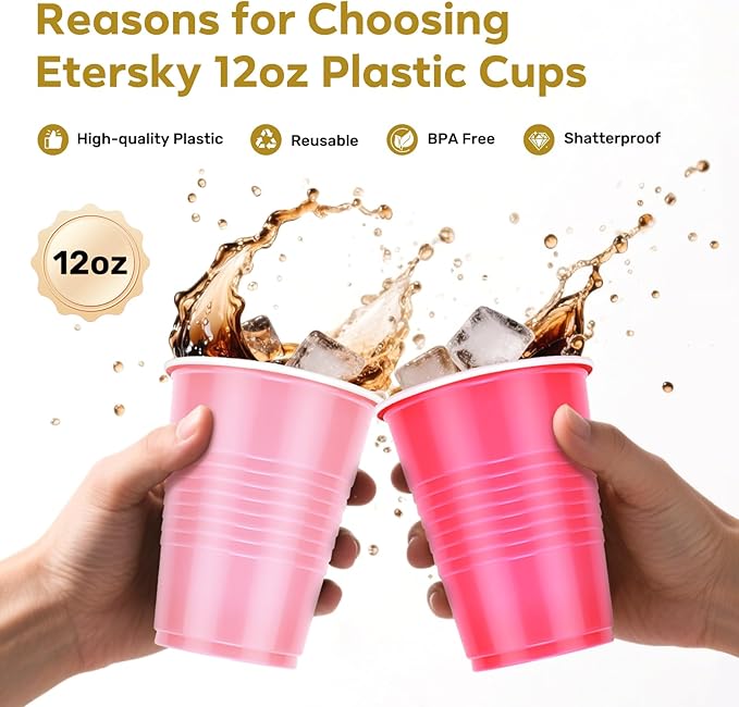 100PCS Pink Plastic Cups, 12oz Disposable Party Cups Bulk Pack, BPA Free Drinkware for Soda Juice Beer Cold Drinks Suitable for Wedding Halloween Thanksgiving Christmas Birthday Holiday Celebrations