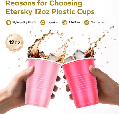100PCS Pink Plastic Cups, 12oz Disposable Party Cups Bulk Pack, BPA Free Drinkware for Soda Juice Beer Cold Drinks Suitable for Wedding Halloween Thanksgiving Christmas Birthday Holiday Celebrations