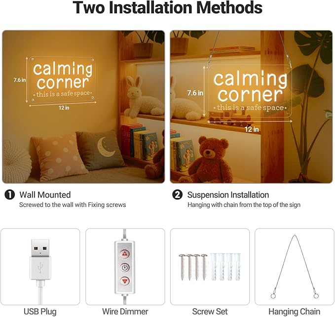 Calming Corner Neon Sign for Classroom Decor Warm White, Dimmable Calm Down Corner Led Light Sign for Kids Room Classroom Library School Therapy Office, Gifts USB Powered for Home Preschool 12"X7.6"