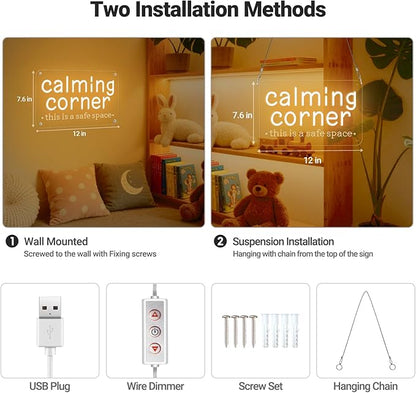Calming Corner Neon Sign for Classroom Decor Warm White, Dimmable Calm Down Corner Led Light Sign for Kids Room Classroom Library School Therapy Office, Gifts USB Powered for Home Preschool 12"X7.6"