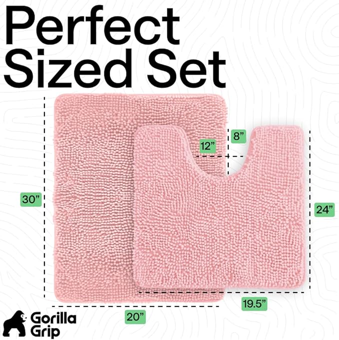 GORILLA GRIP Bathroom Rug Sets, Soft Chenille 2 Piece Area Rugs Set, Toilet Base Mat and 30x20 Carpet, Absorbent Microfiber Washable Mats Dry Quickly, Home Décor and Bath Room Accessories, Lt Pink