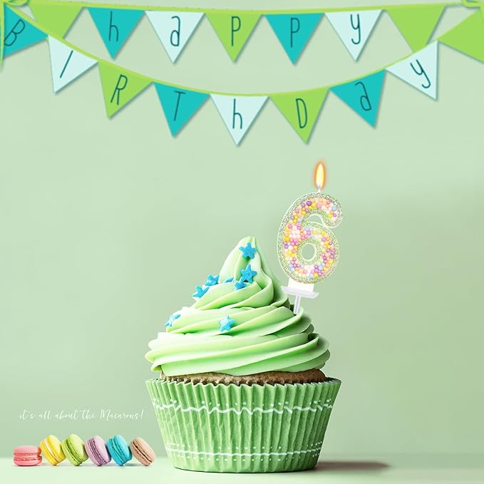 Birthday Candles - Number 6 Candle, Colorful Macaron Candles for Boys/Girls, Green Cake Decorations, Dinosaur Themed Party Supplies