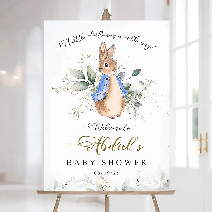 Personalized Bunny Rabbit Baby Shower Welcome Sign for Girl, Pink Peter Rabbit Theme, Greenery Bunny baby shower sign, Gift for Boys & Girls, Gender Reveal Decor, Birthday Party Favors (Style 15)