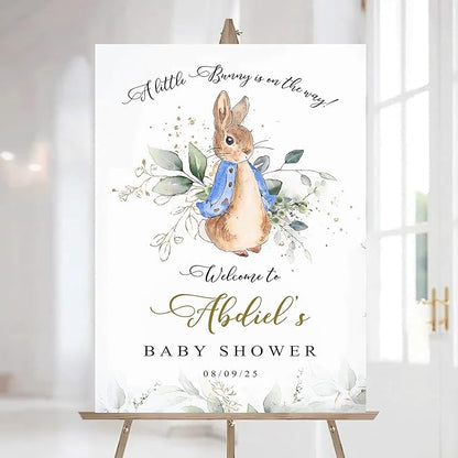Personalized Bunny Rabbit Baby Shower Welcome Sign for Girl, Pink Peter Rabbit Theme, Greenery Bunny baby shower sign, Gift for Boys & Girls, Gender Reveal Decor, Birthday Party Favors (Style 15)