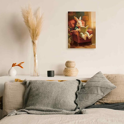 TLESKE Funny Reading Bunny Rabbit Wall Art Decor, Bunny Rabbit Canvas Wall Art Print for Reading Nook Reading Corner Bedroom Living Room, Easter Bunny Wall Artwork Picture, 11x14