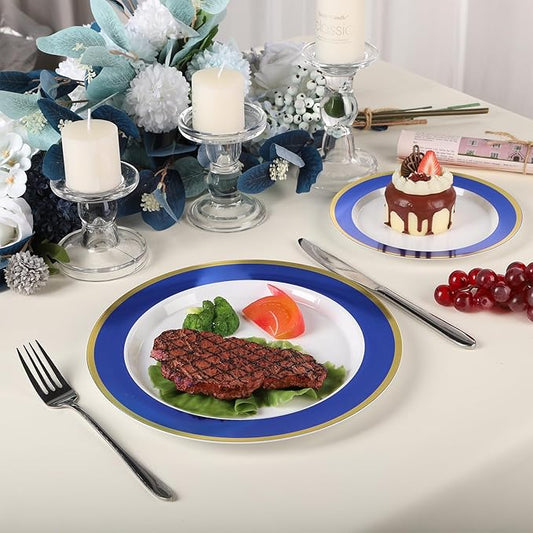 100Pack Plastic Plates Disposable Heavy Duty for Christmas Include 50PCS 10.25inch Dinner plates and 50PCS 7.5inch Dessert Plastic Plates for Party Wedding Birthday New Year