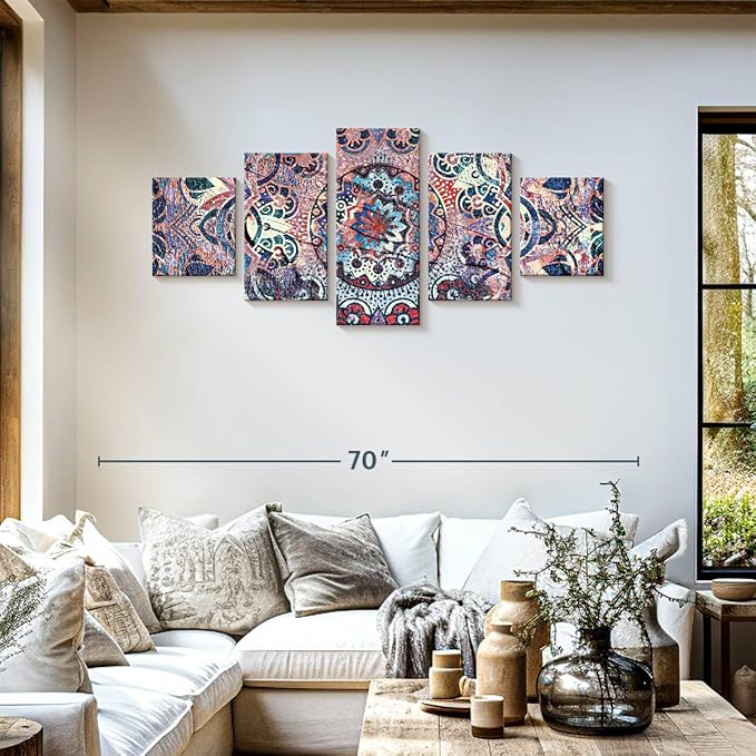 ElephantStock - Mandala Enchantment Wall Art - Horizontal Multi Panel Canvas - 5 Piece Living Room Wall Decor - Digital Art Elements Multi Piece Wall Art - Blue And Beige Decor - 55" x 24"