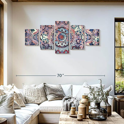 ElephantStock - Mandala Enchantment Wall Art - Horizontal Multi Panel Canvas - 5 Piece Living Room Wall Decor - Digital Art Elements Multi Piece Wall Art - Blue And Beige Decor - 55" x 24"