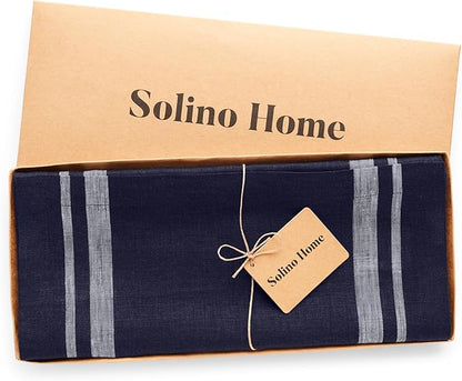 Solino Home Linen Table Runner 72 Inches Long - 100% Pure Linen White and Navy French Stripe Table Runner 14 x 72 Inch for Dining, Dresser, Christmas, Holiday, Winter, New Year