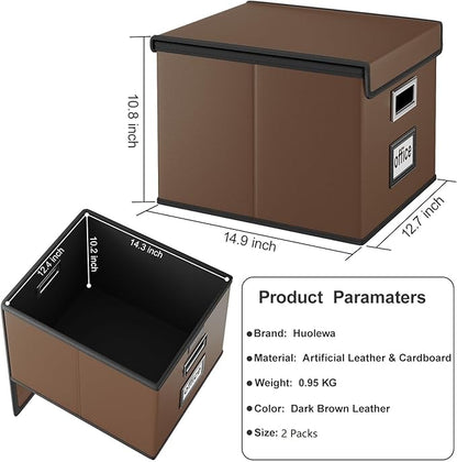 Huolewa File Organizer Boxes with Lids, Collapsible Faux Leather Hanging File Folder Box Organizer with Plastic Slide, Decorative Home/Office Filing System Boxes for File and Folders Storage