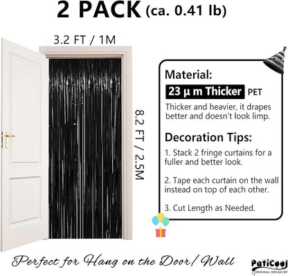 Thicken Black Streamers 2 Pack 3.2 x 8.2 FT, Black Tinsel Backdrop Curtains, Foil Fringe Photo Backdrop for New Years, Halloween, Retirement, Bachelor Party Decorations, Birthday Decorations for Men