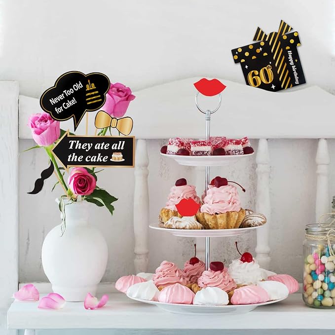 LINGTEER Happy 60th Birthday Party Photo Booth Props,Cheers to 60th Birthday Sixty Years Old Bday Party Centerpieces Props Decorations Sign.