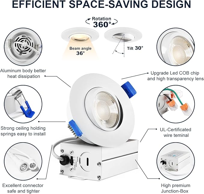 LTpro 3 Inch Gimbal Led Recessed Lights, Waterproof recessed Lights for Shower with Junction Box 10W, Recessed Ceiling LED Lights Dimmable Selectable 5CCT 2700K-6000K, IC Rated.(8 Pack)