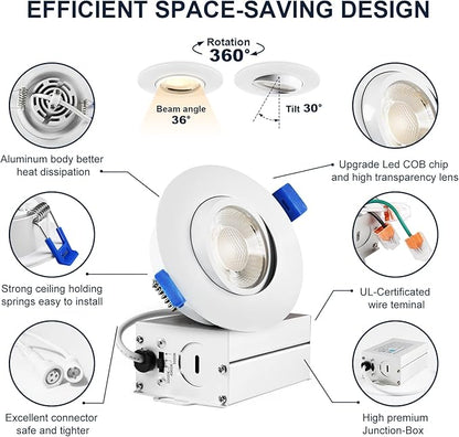 LTpro 3 Inch Gimbal Led Recessed Lights, Waterproof recessed Lights for Shower with Junction Box 10W, Recessed Ceiling LED Lights Dimmable Selectable 5CCT 2700K-6000K, IC Rated.(8 Pack)
