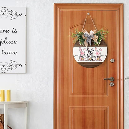 Harooni 12x12 Inch Easter Welcome Hanging Sign for Outdoor, Indoor, Wall, Door, Porch Decor - Wooden Wreath Sign with Rabbit, Buffalo Plaid Bow, 'Welcome' Text