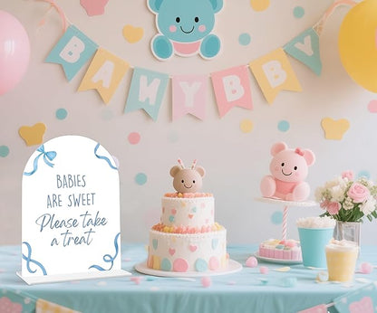 Babies Are Sweet Please Take a Treat Sign - Blue Bow Baby Shower Sign, 1 Pack Arch Acrylic Sign with Stand, Gender Reveal Party Table Decor, Blue Baby Shower Supplies (SP08)