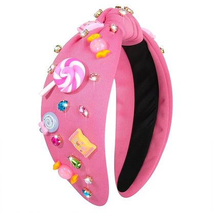 Knotted Headband for Women Lollipop Candy Charms Crystal Jeweled Embellished Top Knot Hairband Statement Wide Turban Hair Hoop Funny Gifts for Girls Sister Birthday Xmas Holiday Party