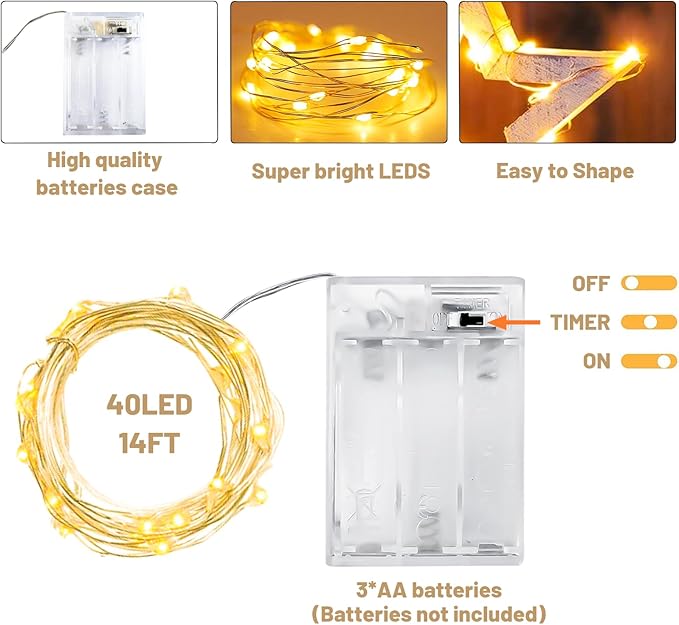12 Pack Led Fairy Lights Battery Operated String Lights with Timer Waterproof Silver Wire 14 Feet 40 Led Twinkle Mason Jar Lights for Wedding Party Bedroom Patio Christmas Warm White