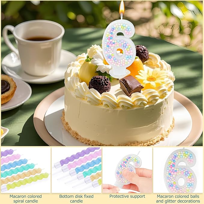 Number Birthday Candle with 12PCS Spiral Candles and A Birthday Card - Perfect for Celebrating Birthdays (Macaron Glitter, Number 6)