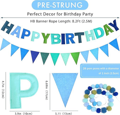 CANREVEL Pre-Strung 3D Happy Birthday Banner, 3 PCS Blue Felt Garland, Pom Pom Garland, Triangle Fabric Bunting, Reusable Blue Birthday Decorations for Boys Men