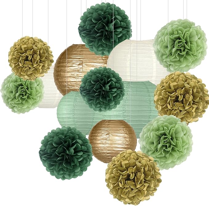 15pcs Hanging Party Decorations Set, Sage Green Gold Paper Flowers Pom Poms Balls and Paper Lanterns for Rustic Party Bridal Shower Wedding Sage Green Birthday Party Supplies