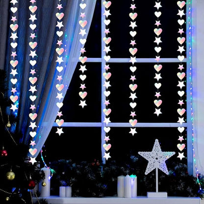 Iridescent Disco-Holographic Party-Decorations Star Heart-Garland - 52Ft Neon Wedding Hanging Paper Streamers Banner,Birthday Bachelorette Baby Bridal Shower Engagement Decor Ouruola