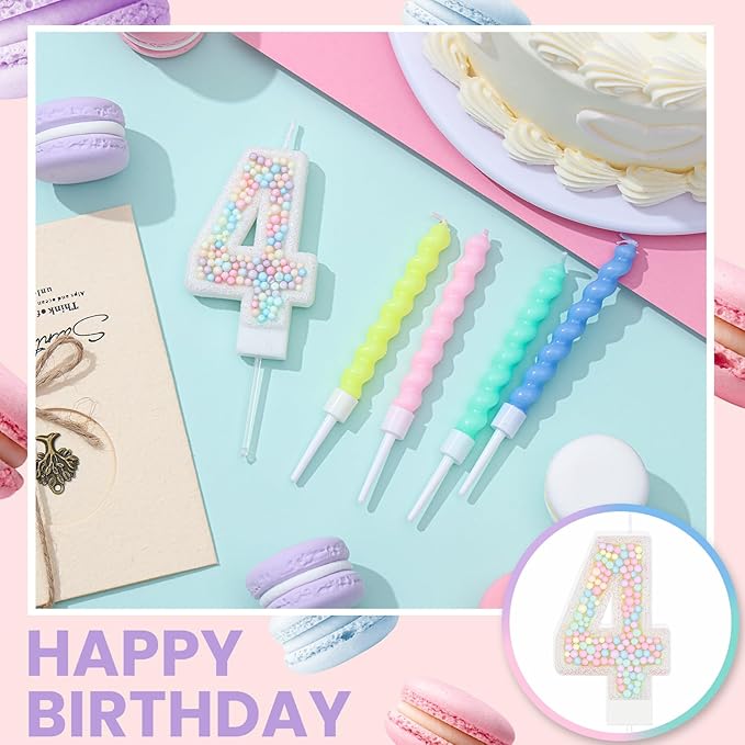 MTLEE Number 4 Birthday Candle with 12 Pcs Spiral Candles for Girls Macaron Pastel Rainbow Unicorn Pink Cake Topper for Sweet Theme Party Decoration